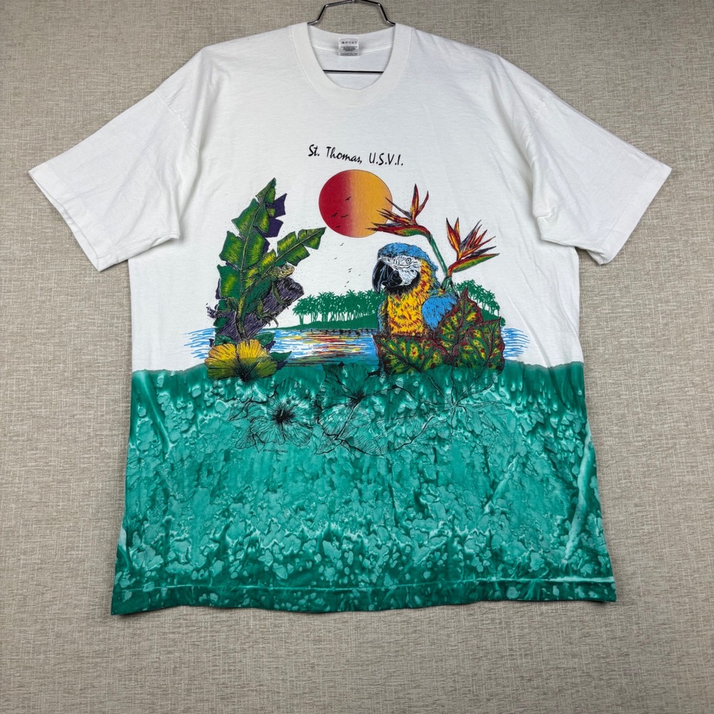 Vintage Fruit of the Loom St Thomas USVI Macaw Iguana T-Shirt 3XL White Teal USA